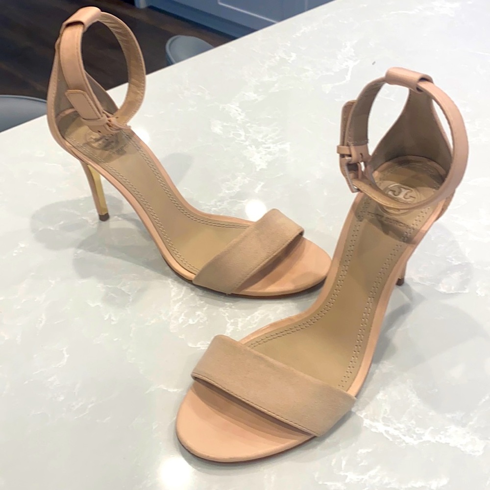 Tory Burch blush nudist 3 1/4” heels, suede toe strap